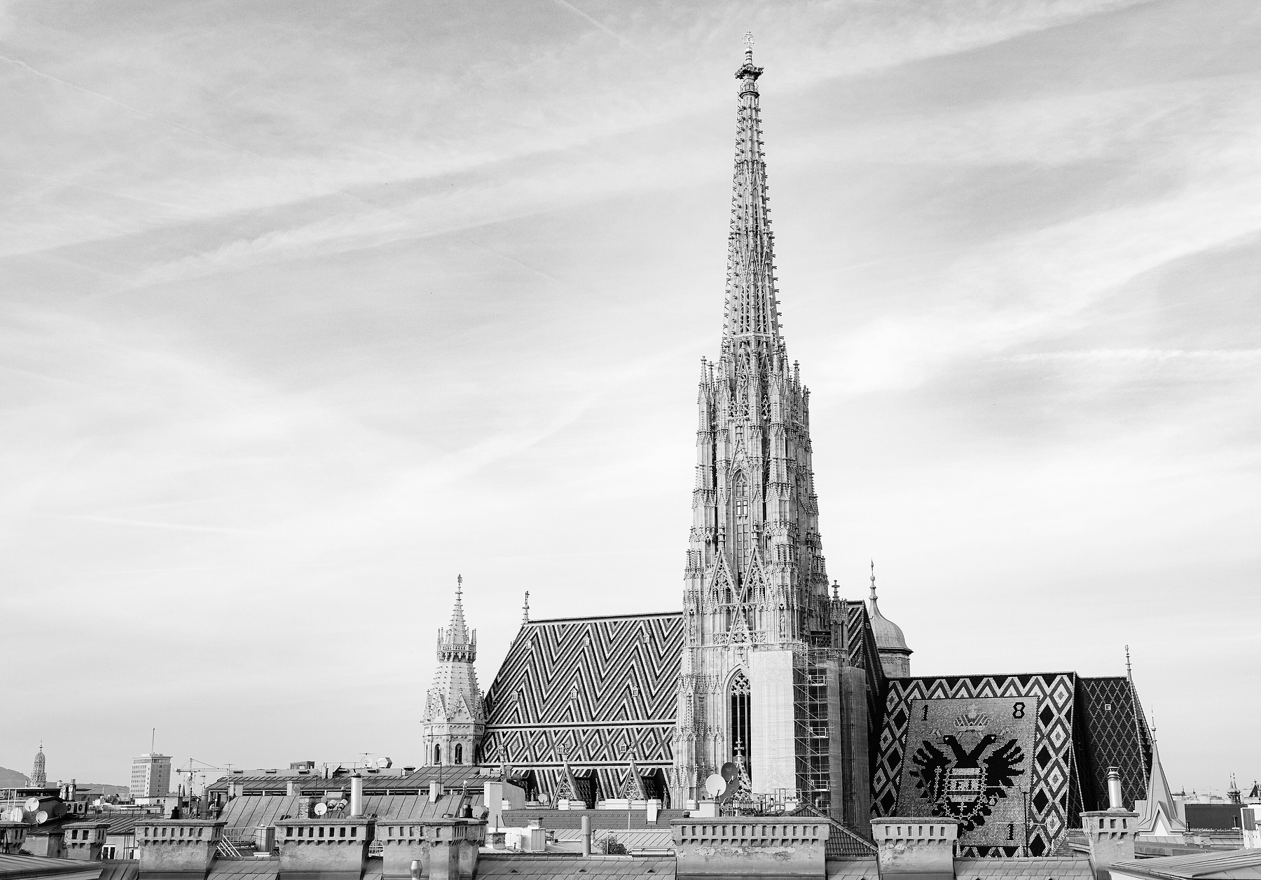 The tall Gothic spire of St Stephen’s Cathedral rises over the rooftops of Vienna beside a steep roof tiled in zigzags and a double-headed eagle; scaffolding stands against one side of the tower, under a pale sky with thin cloud.